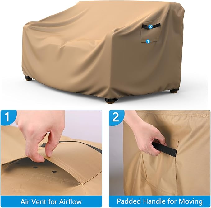 Heavy Duty Patio Sofa Cover, Mrrihand 3-Seater Outdoor Sofa Loveseat Cover, Outdoor Patio Furniture Cover with Air Vent and Handles, 85" W×35" D×35" H, Brown