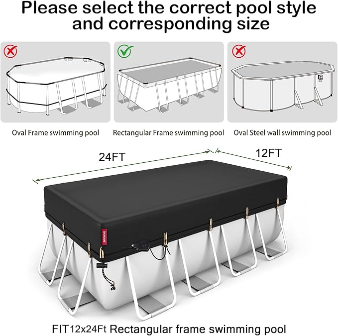 QH.HOME 12x24ft Rectangular Pool Cover,[Ultimate Windproof & Tear-Resistant Fabric],Snug Fit with Patented Ratchet & Weight Rings,Solar Pool Cover for Above Ground Pools, Blocks Leaves &Waterproof