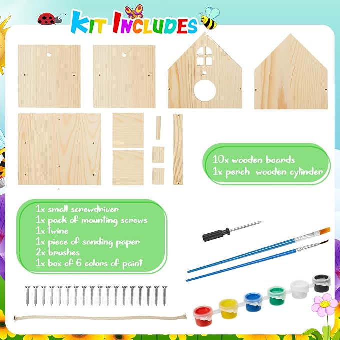 Juexica 4 Pack DIY Birdhouse Kits for Kids Ages 6+ Build and Paint Wooden Bird House Arts and Craft Project with Paint Strips Brushes for Boy Girl Adult Classroom Indoor Outdoor Crafts (Window)