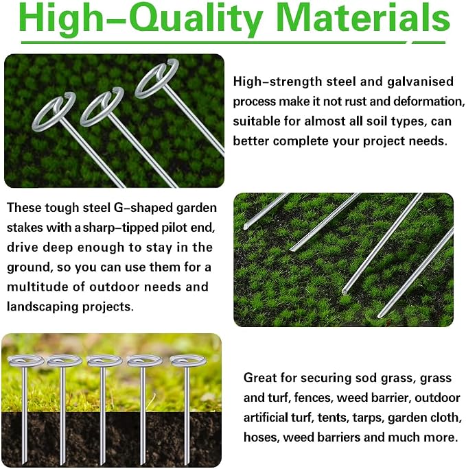 Bakulyor 200Pcs Circle Top Landscape Staples, 6 Inch Garden Stake 9 Gauge Galvanized Landscape Fabric Stakes, Heavy Duty Yard Ground Pins for Outdoor Gardening Weed Barrier Sod Fabric - Silver 6"