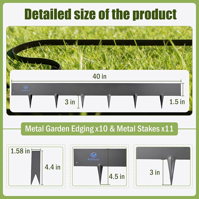 33ft. Metal Landscape Edging 4.5 inch (1.5" Above Ground, 3" Below Ground), 10 Pack Galvanized Steel Landscape Lawn Edging for Lawn Yard, Bendable Hammer-in Metal Lawn Edging with 11 Stakes and Gloves