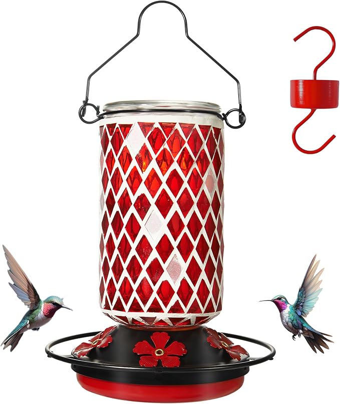 Glass Hummingbird Feeder, Red Hummingbird Feeders for Outdoors Hanging, 19 Ounces, Mosaic Bottle Easy to Clean, 5 Feeding Ports, Ant Moat Included