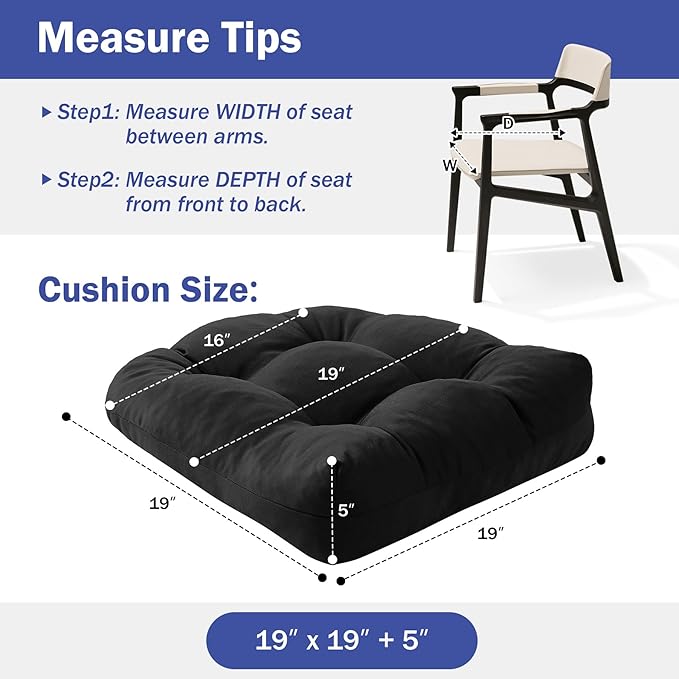IPYNBAP Outdoor Chair Cushions Set of 2, Patio Chair Cushions with Ties,19x19+5” Tufted Outdoor Seat Cushions, Waterproof Patio Furniture Cushions, Outdoor Dining Chair Pads, Black