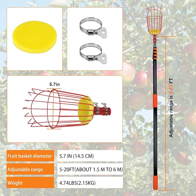 26FT Reach Fruit Picker Pole with Basket Telescoping, Lightweight Aluminum Apple Picker Extension Pole, Fruit Catcher for Trees, for Apple Orange Lemon Mango Avocado Pear Fruit Picking