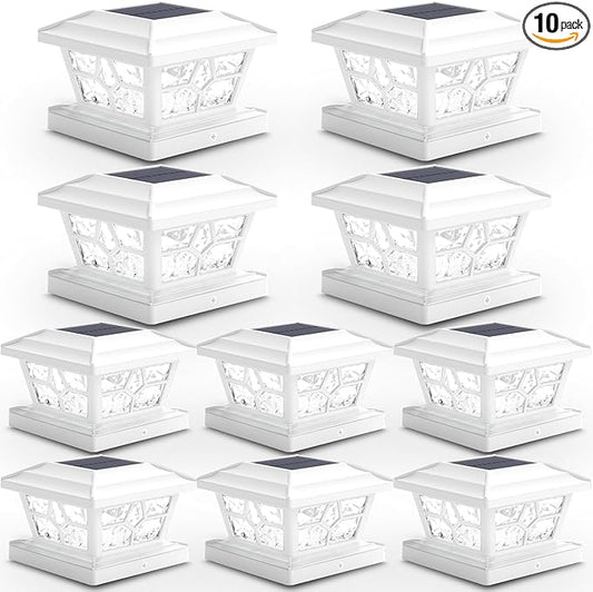 SIEDiNLAR Solar Post Lights Outdoor 10 Pack 4 Modes 40 LEDs Deck Fence Post Cap Light for 4x4 5x5 6x6 Vinyl/Wooden Posts Patio Decor, Warm/White Dynamic Lighting (White)