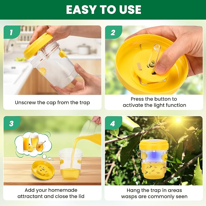 Wasp Trap, Solar Wasp Traps Outdoor Hanging, Reusable Yellow Jacket Hornet Trap with LED Light for Outside Garden, Patio, Orchard, Camping