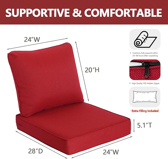 Goodgoods 24 x 28 Outdoor Patio Deep Seat Cushions 2-Pack, 1000+ Hours Fade-Resistant & Water-Resistant Outdoor Furniture Chair Cushions with 30D High-Resilience Foam for Sofa Chair, Red