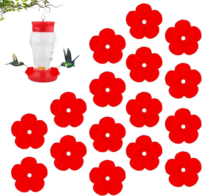 Hummingbird Feeder Replacement Parts - 16 PCS Red Flowers, Bee Guards for Perky Pet Glass Plastic Feeder Base