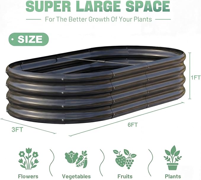 AHEONLAR 3 Pack 6×3×1ft Galvanized Raised Garden Beds, Oval Durable Planter Boxes Outdoor for Vegetables, Fruits, Flowers and Plants, Quick Assembly, Black