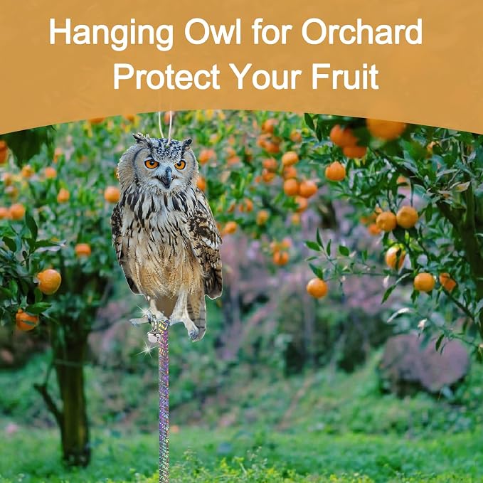 Fake Owl to Scare Pigeons Woodpecker, 4Pcs Flat Garden Owls to Keep Pigeons Squirrels Away from Outdoor, Plastic Owl to Scare Woodpecker from House, Hanging Owls with Reflective Tape for Patio Roof