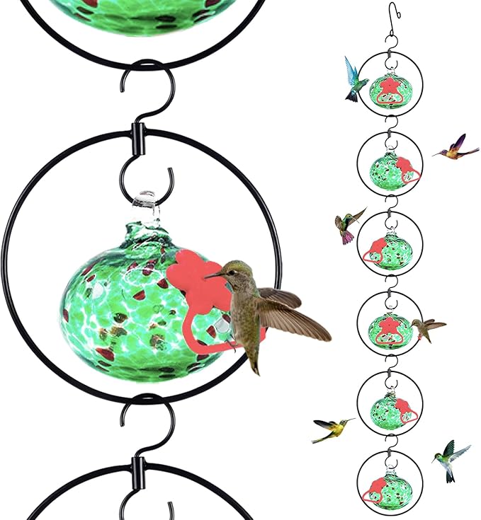 Headak Life Flexible 6 Pack Hummingbird feeders for Outdoors Hanging Ant and Bee Proof,Detachable Hand Blown Glass Hummingbird Feeder with 6 Adjustable Silicone Perch(Green)