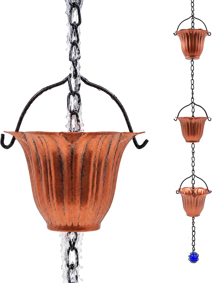 Copper Rain Chain for Gutters, 12 Cup Tulip Decorative Water Feature, 8FT 8IN Adjustable Metal Chain Rain Diverter for Outdoor Garden Décor with Crystal Accent