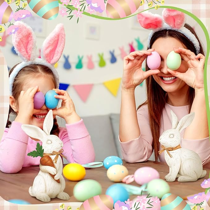 Simgoing 2 Pcs Easter Bunny Figurines Decorations Rabbit Resin Statues Easter Figure Statues Beige Rabbit Figurines Decorations for Holiday Vintage Farmhouse Home Table Centerpieces Ornament Gifts