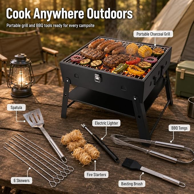 Portable BBQ Charcoal Camping Grill: Tabletop Folding Barbecue Grills with Fire Starter Kit and BBQ Grilling Tool Set, Fathers Day Birthday Grilling Gift for Men Dad Husband