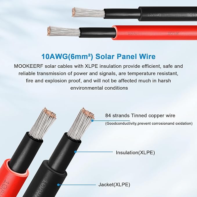 MOOKEERF Solar Panel Extension Cable - 10AWG 20FT Solar Wire with Female & Male Waterproof Connector PV Wire for RV, Photovoltaic Systems, Home, Boat, Solar Panels, Car(20 feet Red + 20 feet Black)