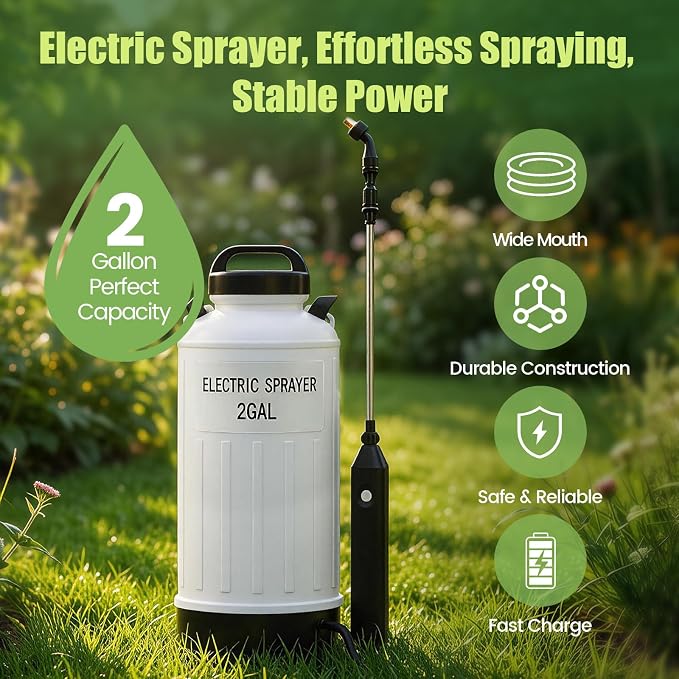 Battery Powered Sprayer 2 Gallon, Wide Mouth Electric Pump Sprayer with Upgraded Elevated Base and Thickened Anti-Abrasion Tank, Kink Proof Hose, Retractable Wand, 3 Nozzles Lawn and Garden