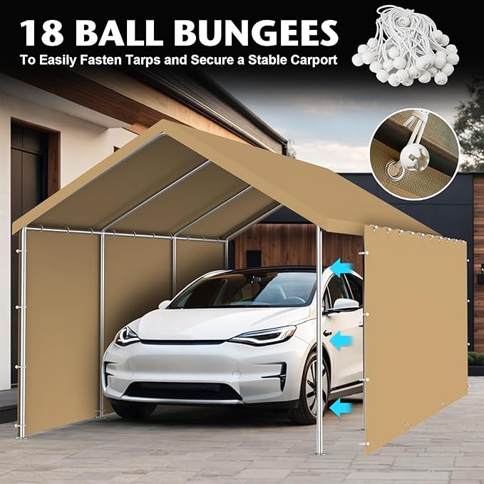 Carport Replacement Canopy Sidewall 20x6.6FT Fits 10x20,12x20,13x20,20x20FT Carport, Waterproof & UV Protected, with Ball Bungees (Only Sidewall, Frame Not Include) (Khaki, Sidewall 1 Pack)