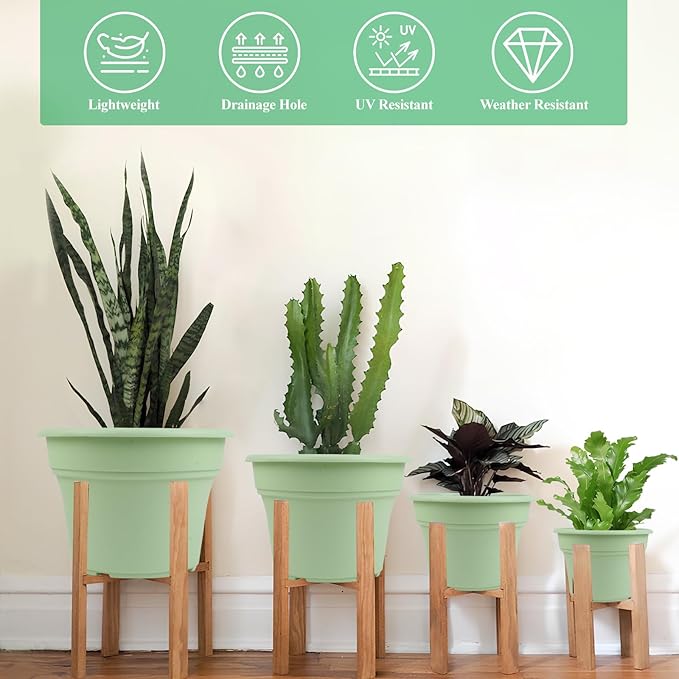 Pottiffe 8 Inch Plastic-Flower Pot-for-Indoor Plants, 4 Pack Large Outdoor Planter Pot with Drainage Holes & Saucers, Resin Decorative Garden Pots Planters