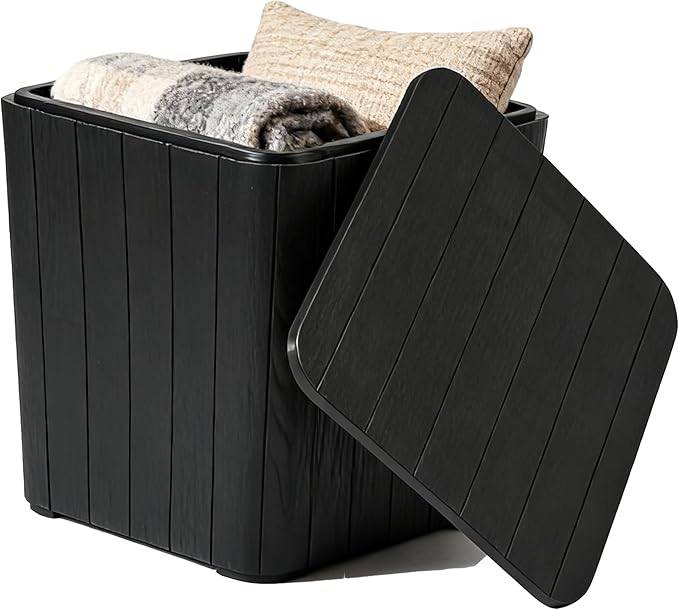 YITAHOME Resin Outdoor Deck Box, 11.5 Gallon Outdoor Storage Box with Removable Lid, Waterproof Outdoor Side Table for Cushions, Pool Supplies(Black, Wood Panel)