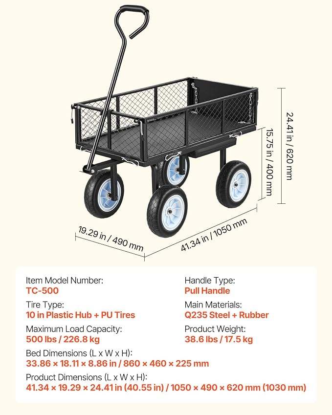 VEVOR 500 LBS Steel Garden Cart with Work Seat, Heavy Duty Garden Wagon Cart on Wheels, Outdoor Metal Utility Yard Wagon Gardening Stool with 10inch Flat Free Tires, Tool Tray & Adjustable Handle