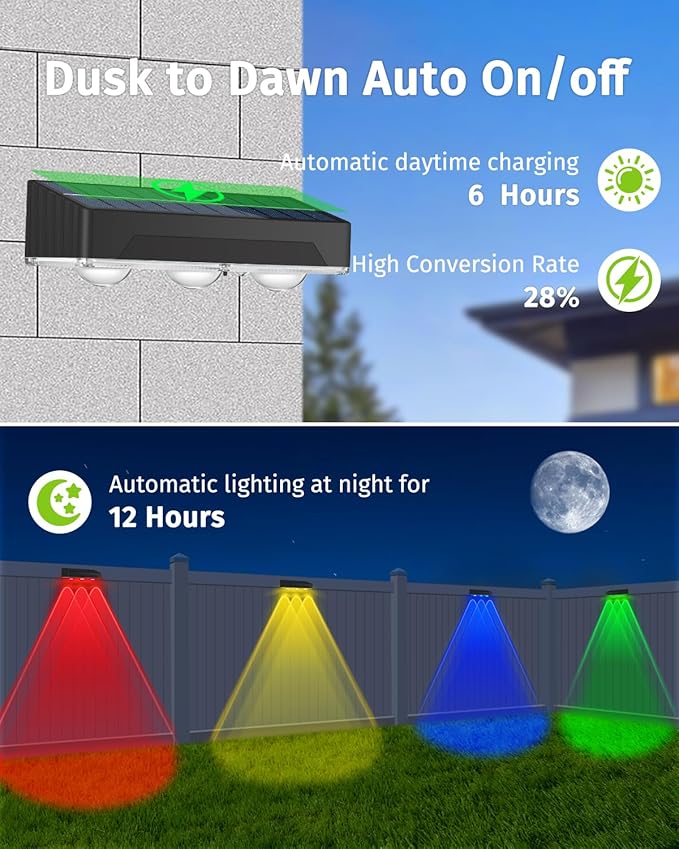 Solar Fence Lights Outdoor 2 Pack Waterproof High Brightness Upgraded 3 LED Lens Solor Deck Lights Warm & Cool White RGB 10 Colors Outside Solar Powered Wall Light for Backyard Patio Step Railing