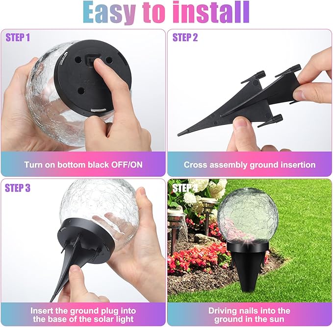 Glooglitter 3 Pcs Extra Large Solar Globes Lights Outdoor Cracked Glass Ball Solar Light Multi Color Pre Lit Crystal Waterproof Lawn Globes for Yard Landscape Garden Decor (4.72")