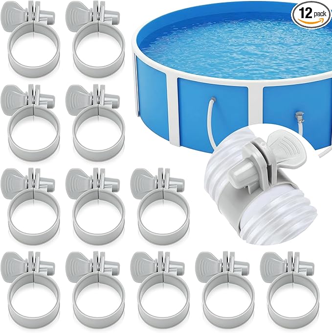 12 Pcs Adjustable Plastic Hose Clamps for 1.25''-1.5'' Above Ground Swimming Pool Replacement Thumb Clips Screw Key Hose Clamps Plastic Filter Pump Connector Clips