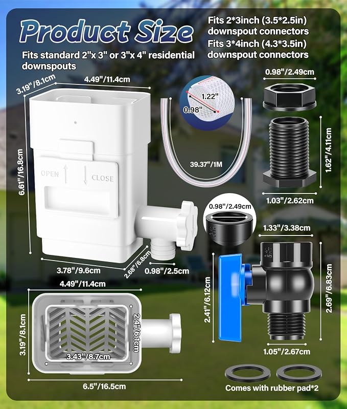 2026 Upgraded Rain Barrel Diverter Kit, Rainwater Collection System with Built-in Filter Screen, Fits 2x3 or 3x4 inch Standard Downspout, Includes 3/4’’ GHT Rain Barrel Spigot, 39.37’’ Hose, White