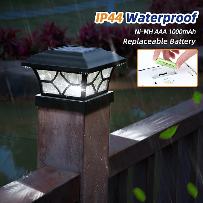 APONUO Solar Post Cap Lights 8 Pack with 1000mAh Battery - for 4x4 5x5 6x6 Fences, Larger Size & Longer Lasting, 2-Mode, IP64 Waterproof, for Fence Deck Patio Porch Yard (Black)