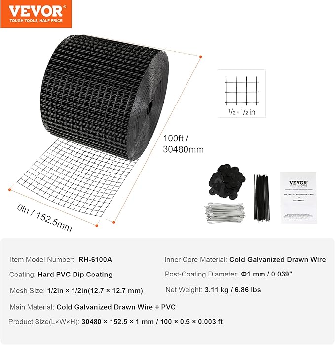 VEVOR 6 inch x 100ft Solar Panel Bird Guard, Critter Guard Roll Kit with 60pcs Durable Metal Fasteners, Solar Panel Guard with Rust-Proof PVC Coating, 1/2 inch Wire Roll Mesh