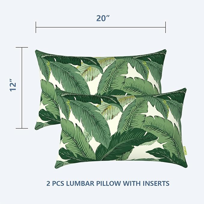 LVTXIII Set of 2 Patio Lumbar Pillows, 12”x20” Fade Resistant Outdoor Lumbar Pillow with Inners, Fluffy Decorative Garden Lumbar Cushions for Home Patio Coach Sofa Use, Swaying Palms Green