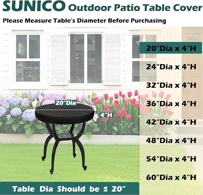 SUNICO Outdoor Round Table Cover 20" Dia, Patio Table Cover Round for Patio Circle Coffee Table & Bistro Table & Picnic Table.Windproof, Waterproof, Stain-Resistant, Durable Table Cover