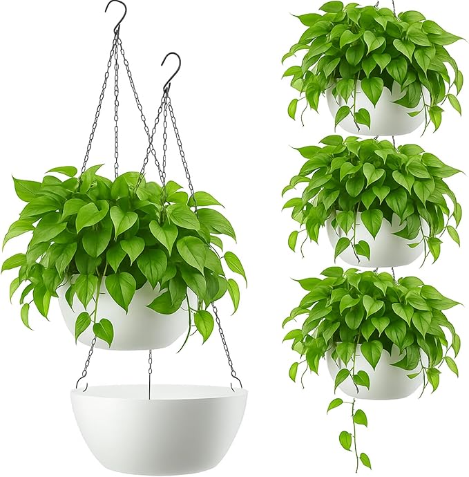 Maxcheck 4 Pack 13 Inch Large Hanging Planters Indoor Outdoor Flower Pots, Plant Containers with Drainage Hole Round Hanging Plant Pot for Home Garden Porch Balcony Patio Decor (White)