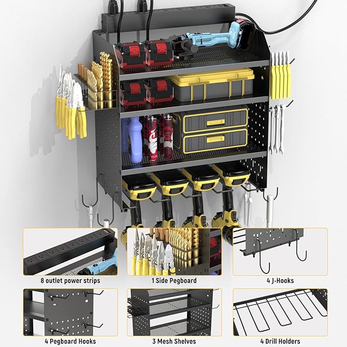 Drill Holder Wall Mount with 8-Outlet Charging Station, 190lbs Load 4 Layers Carbon Steel Heavy Duty Power Tool Organizer Wall Mount for Garage & Workshop, 4 Drill Holders, Modular Pegboard Rack