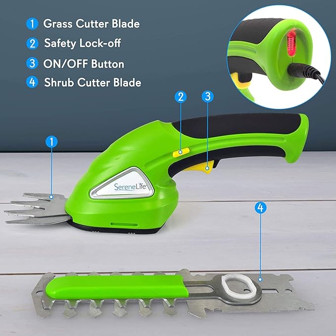 SereneLife Cordless Hedge Trimmer Handheld Grass Cutter Shears Electric Shrub Trimmer with 3.6V Rechargeable Battery, 2-in-1 System Lightweight and Portable Ideal for Lawns and Gardens