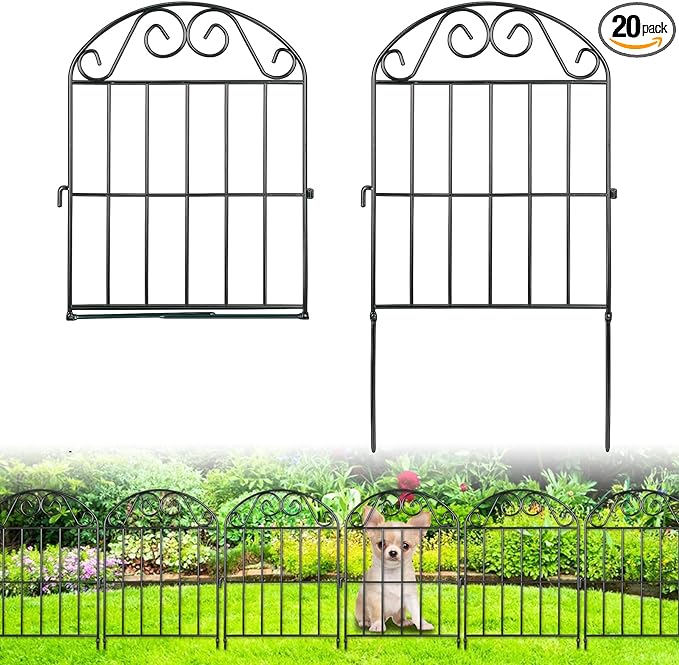 ADAVIN 20 Panels Collapsible Garden Fence Animal Barrier, 20 Ft(L) x 24 in(H) Black Rustproof Metal Wire Panel Border for Dogs Rabbits, Flower Edging for Landscape Patio Yard Outdoor Decor, Arched