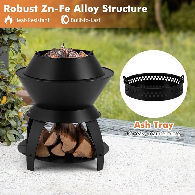Tangkula Outdoor Fire Pit, 20 Inch Metal Fire Bowl with Pot Holder & Storage Shelf, Oxygen-Enriched Burning, 3-in-1 Wood Buring Firepit Fireplace for Patio, Camping, BBQ, Backyard