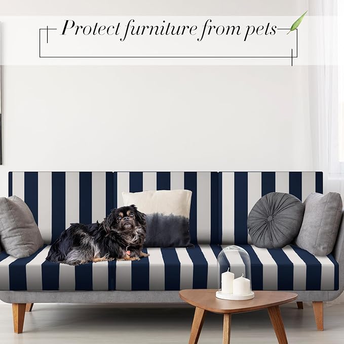 Newwiee 8pcs Patio Stretch Cushion Covers Stripe Outdoor Cushion Covers Replacement Patio Furniture Couch Slipcover Sofa Chair Seat, Thin Fabric Breathable Soft Flexibility Protector(Navy Blue)