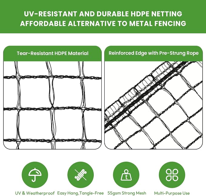 Deer Fence for Garden 7ft x 50ft, Plastic Mesh Deer Fence Netting with Pre-Strung Reinforced Edge, Reusable Temporary Fence, Ideal for Animal Barrier & Garden Fencing for Plants & Fruit Trees