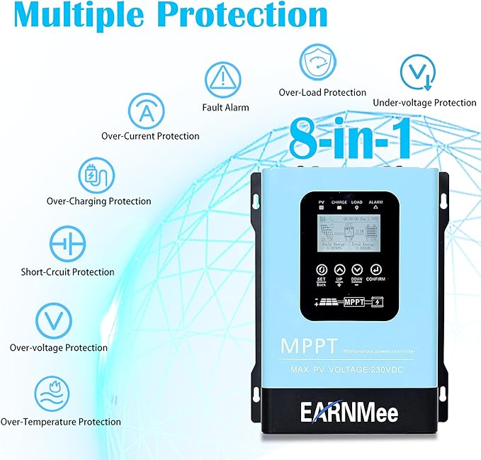 60A MPPT Solar Charge Controller,12V 24V 36V 48V 60V 72V 84V 96V Solar Battery Regulator PV Max 230V for Sealed Lead Acid Gel and Lithium Battery (60A)