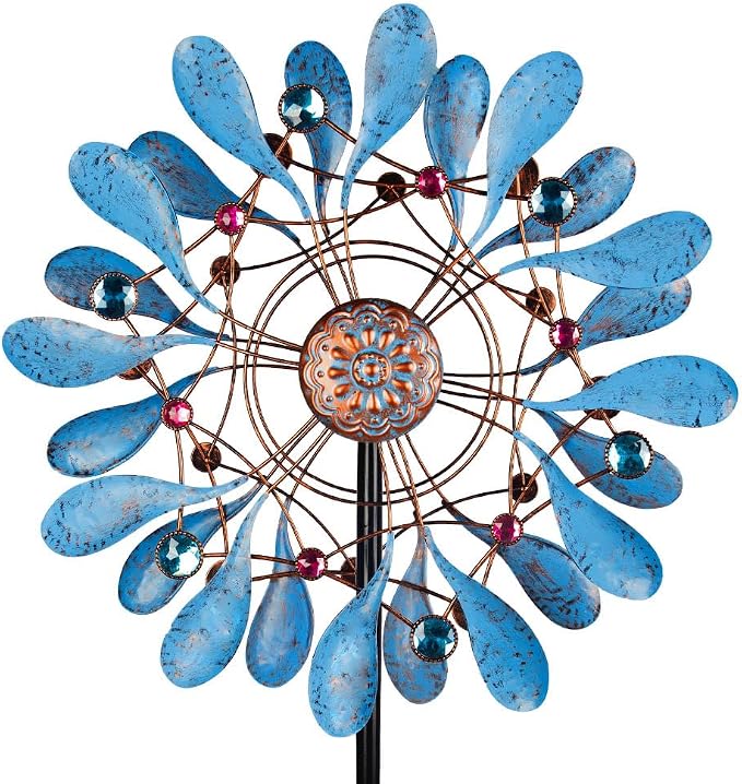 Stargarden Wind Spinners Outdoor, Large Kinetic Wind Spinner, Waterproof Blue Pinwheels with 4 Sturdy Stake, Metal Windmill for Yard, Porch Decor (21 * 90 Inches)