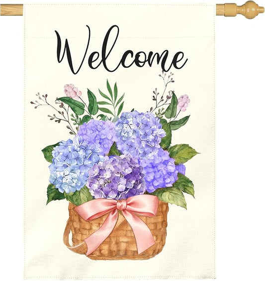 Hydrangea Welcome Garden Flag Large 28x40 Inch Spring Summer Watercolor Floral Outdoor House Banners Blue Purple Hydrangeas Basket Flowers Porch Yard Flags for Outside Seasonal Home Decor
