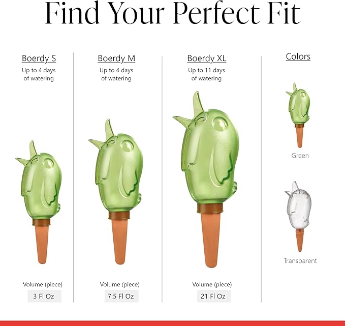 SCHEURICH Boerdy M Set of 4 Self Watering Bird Figures - Transparent Green Automatic Plant Watering Globes - for Indoor/Outdoor Use - UV-Resistant & Easy Monitoring - 4-Day Hydration
