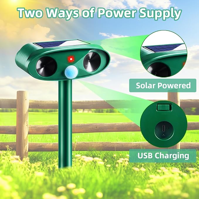 2 Pack Upgraded Solar Ultrasonic Animal Repeller Outdoor -Sonic Fortress Pro Deer Repellent Waterproof with Motion Sensor & USB Charging,Deter Cats,Squirrels,Racoons,Rabbits,Skunks Out of Yard Garden