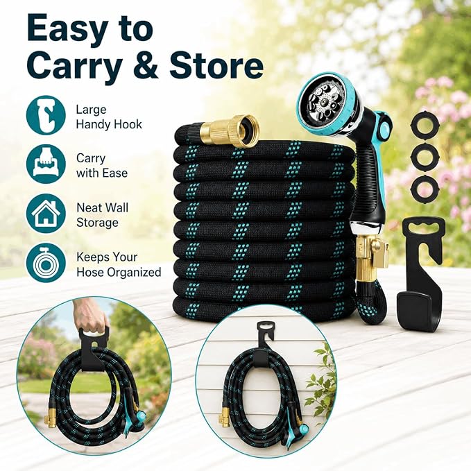 50ft Heavy Duty Garden Hose with Alloy Nozzle & Solid Brass Connectors – Lightweight, No-Kink Flexible Water Hose, 96-Spindle High-Density Weave, 12 Bar Non-Expandable TPE Core for Patio & Lawn