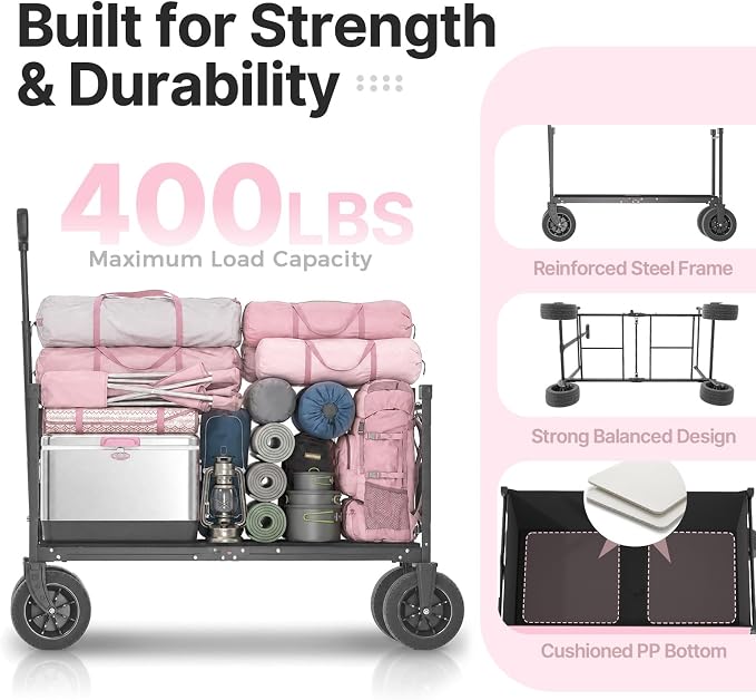 EchoSmile Collapsible Wagon Cart for Camping & Beach - Heavy Duty 400lbs Capacity All-Terrain Cart with Wide Wheels, Portable Folding Utility Wagon for Grocery, Garden, Sports,Pink&Gray