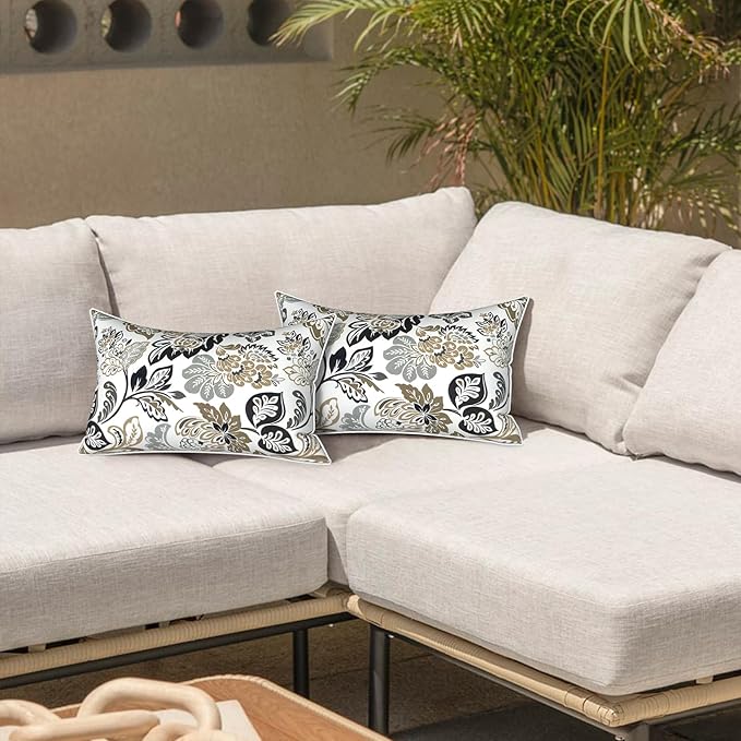 LVTXIII 2 Pack Outdoor Lumbar Pillow Covers 12x20 Inch with Piping, Water-Repellent Back Cushion Covers ONLY for Patio Furniture, Sofa, Garden Bench, Dailey Tan