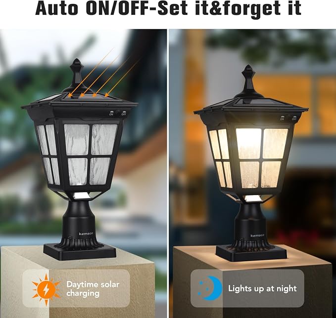 Solar Lamp Post Light, Cast Aluminium Waterproof LED with Glass Outdoor Dusk to Dawn Solar Post Light ST4311AQ for Pier Mount Pillar Gates Garden Pole Column Yard Path Driveway (Black, Lamp)