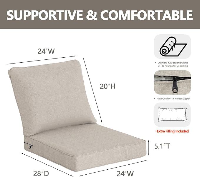 Goodgoods 24 x 28 Outdoor Patio Deep Seat Cushions 2-Pack, 1000+ Hours Fade-Resistant & Water-Resistant Outdoor Furniture Chair Cushions with 30D High-Resilience Foam for Sofa Chair, Putty