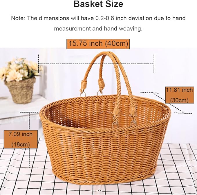 Picnic Basket, Garden Harvest Basket, Wicker Shopping Baskets with Foldable Handles, Reusable Handwoven Market Baskets for Carrying Shopping Storage Gathering (Brown, Oval)